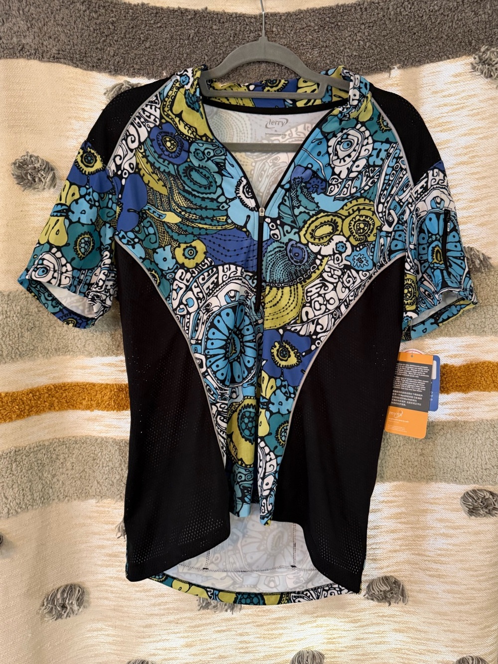 Terry Short Sleeve Zip-Front Cycling Jersey in Blue/Green Print - XL